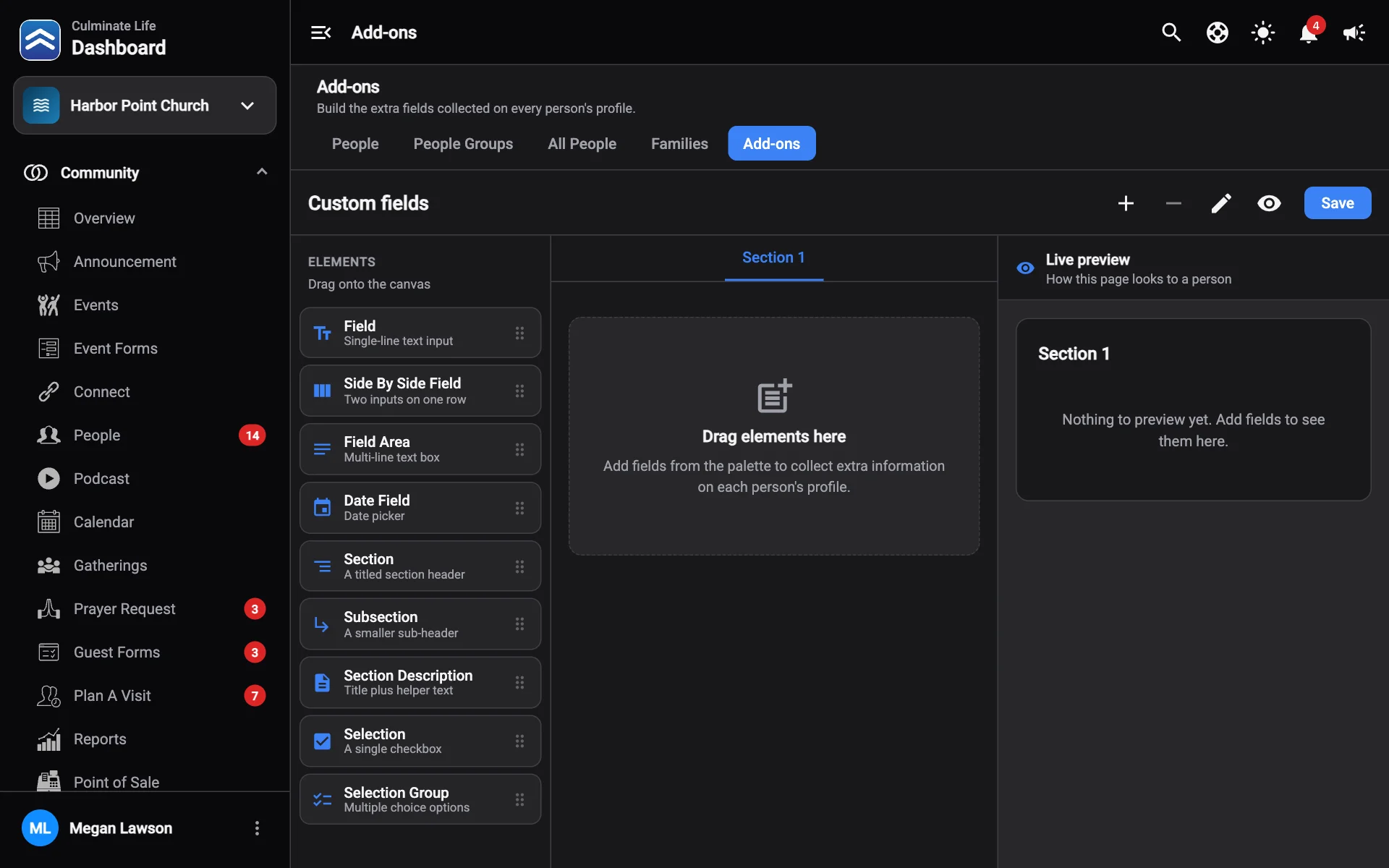 The Add-ons builder with custom fields and a live preview