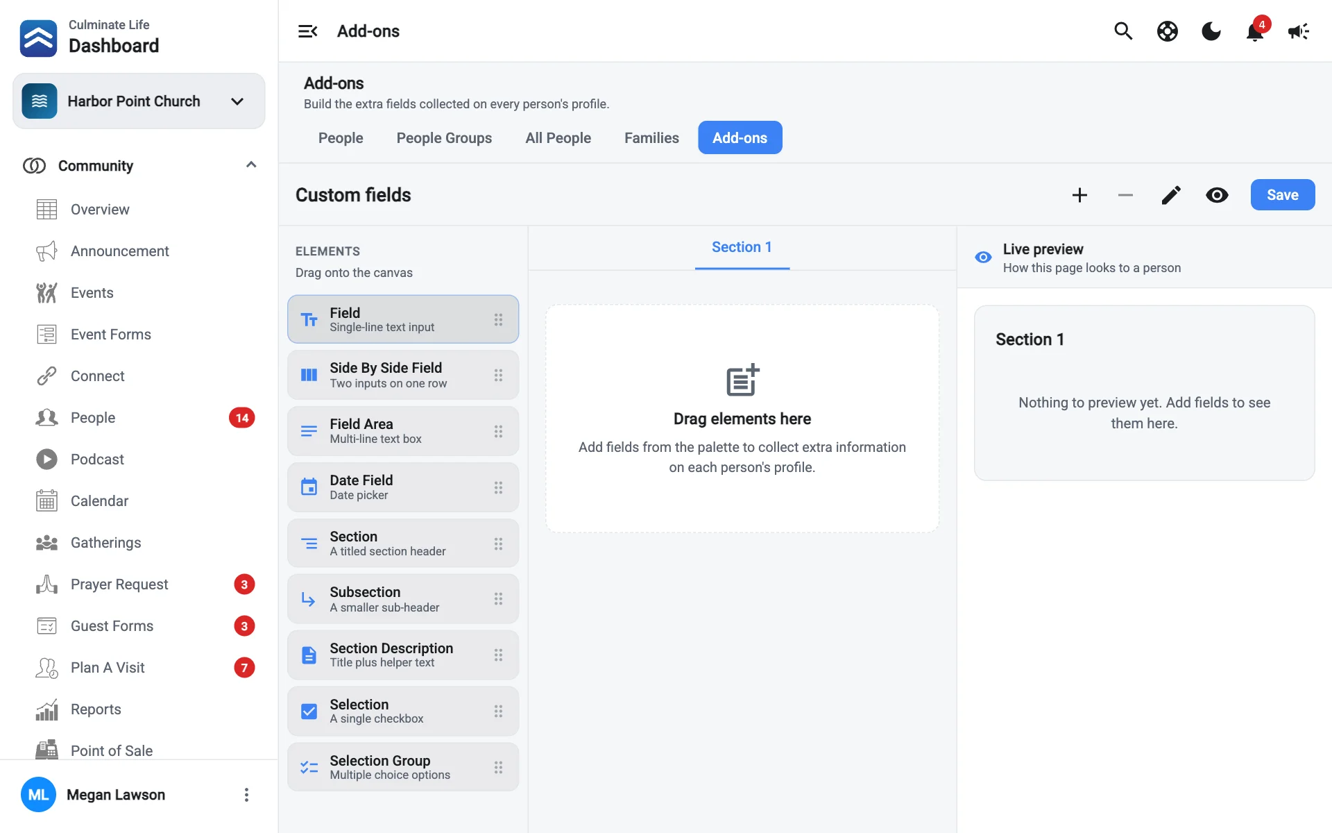 The Add-ons builder with custom fields and a live preview