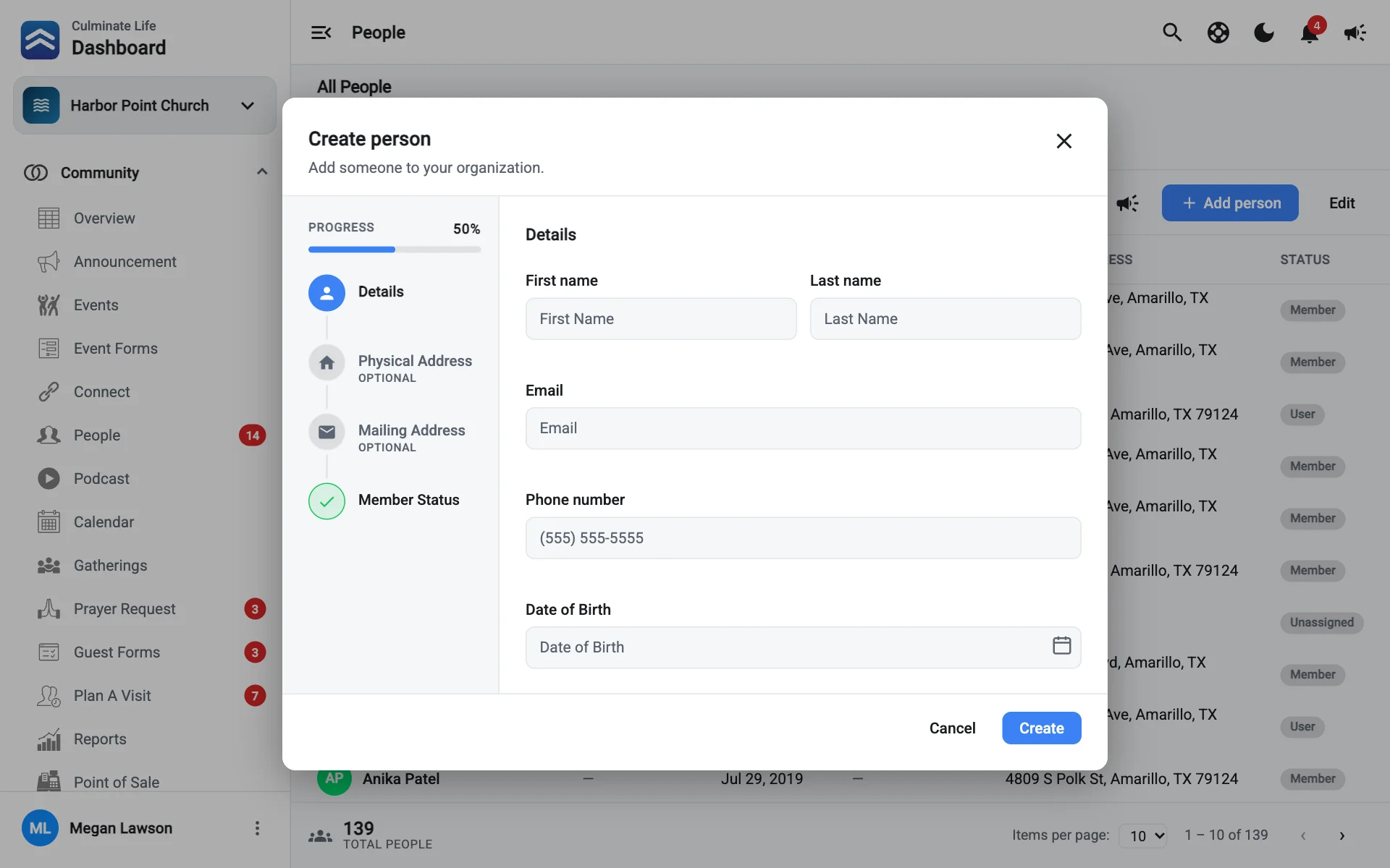 The Create person dialog