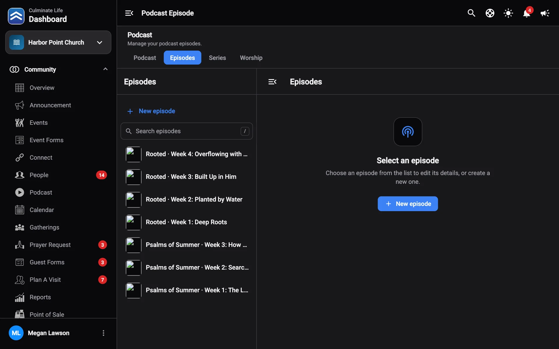 Podcast episodes with the episode list on the left