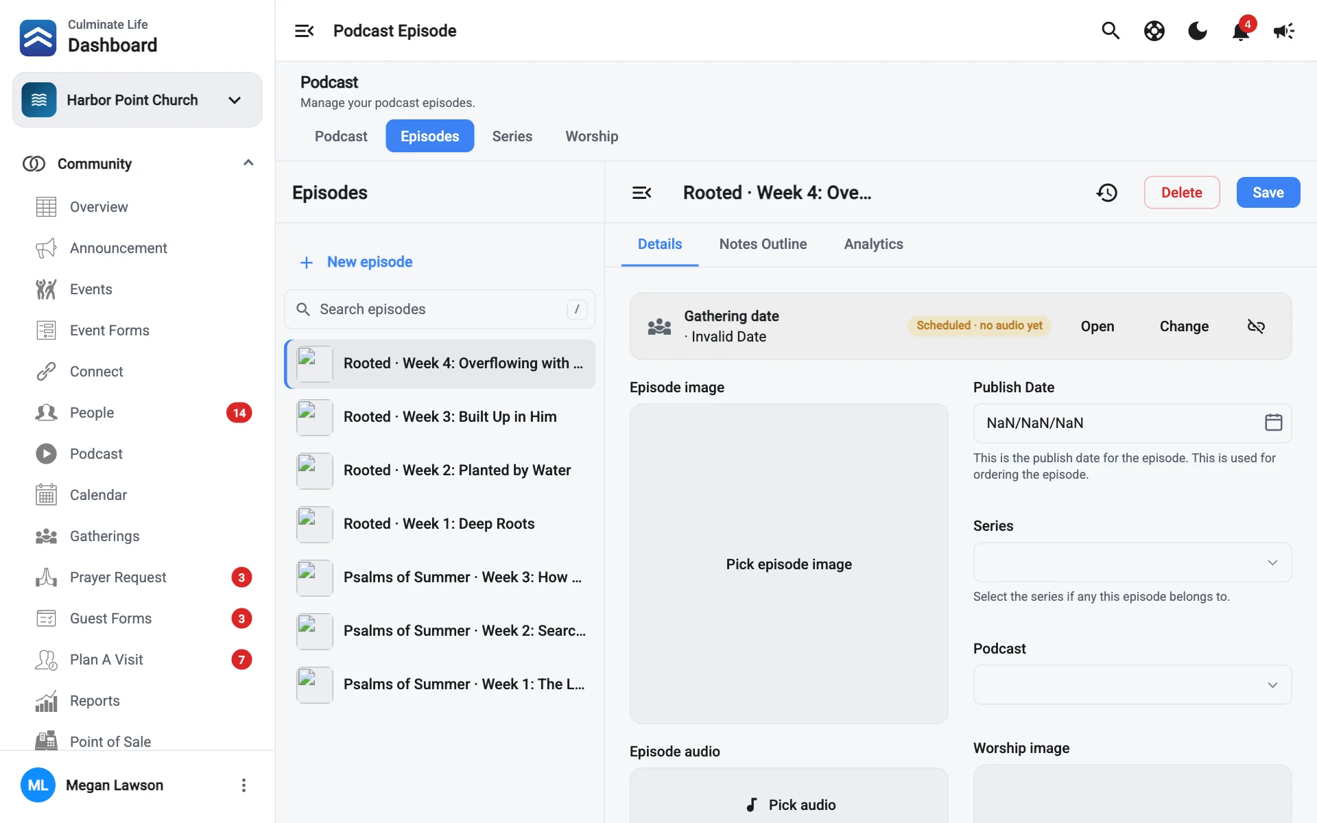 Podcast episodes with the episode list on the left