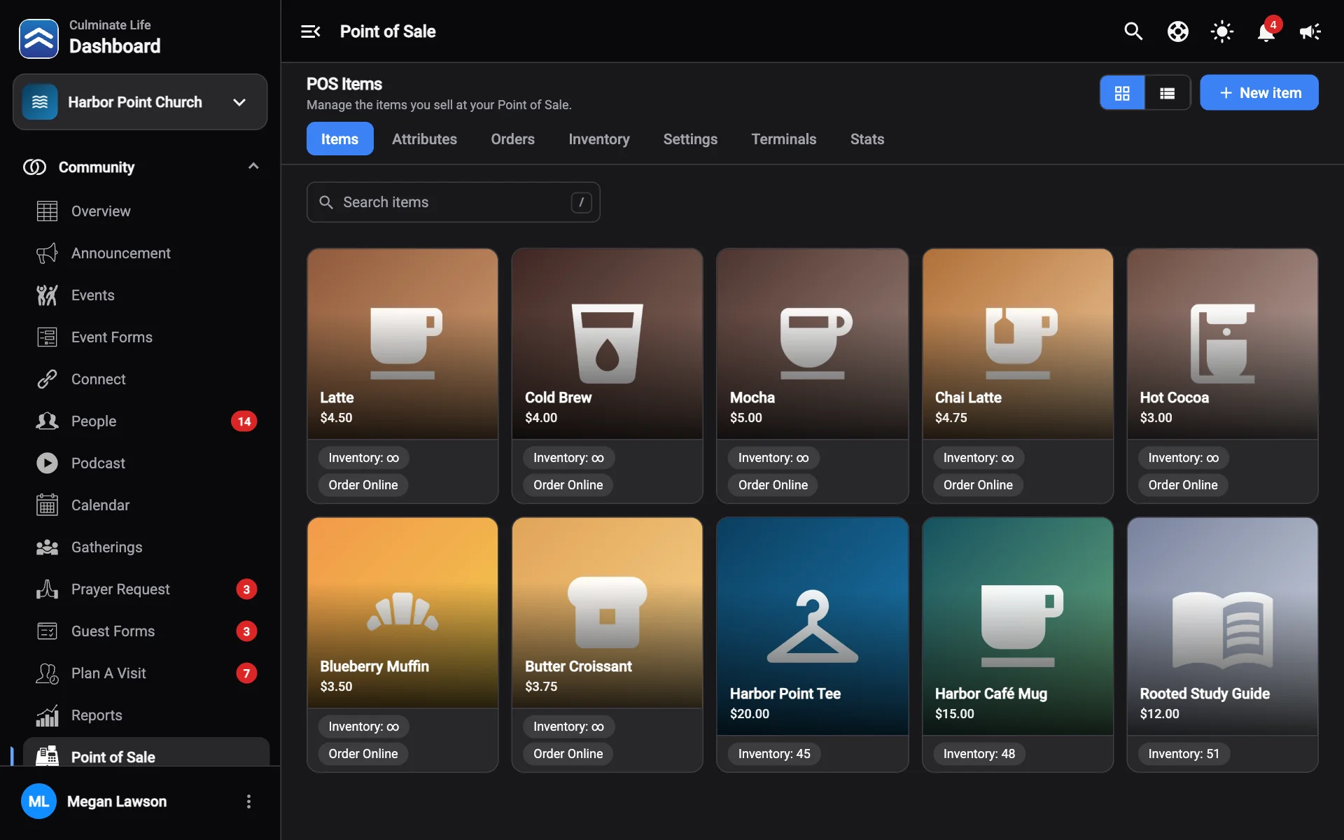 Point of sale items in grid view
