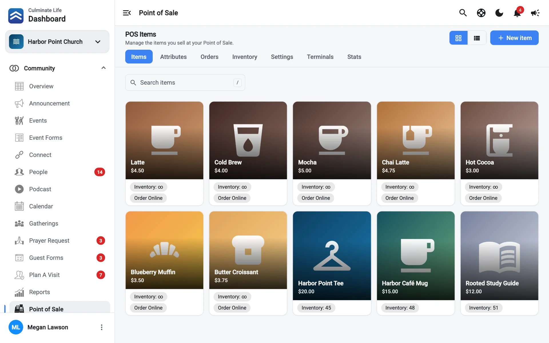 Point of sale items in grid view