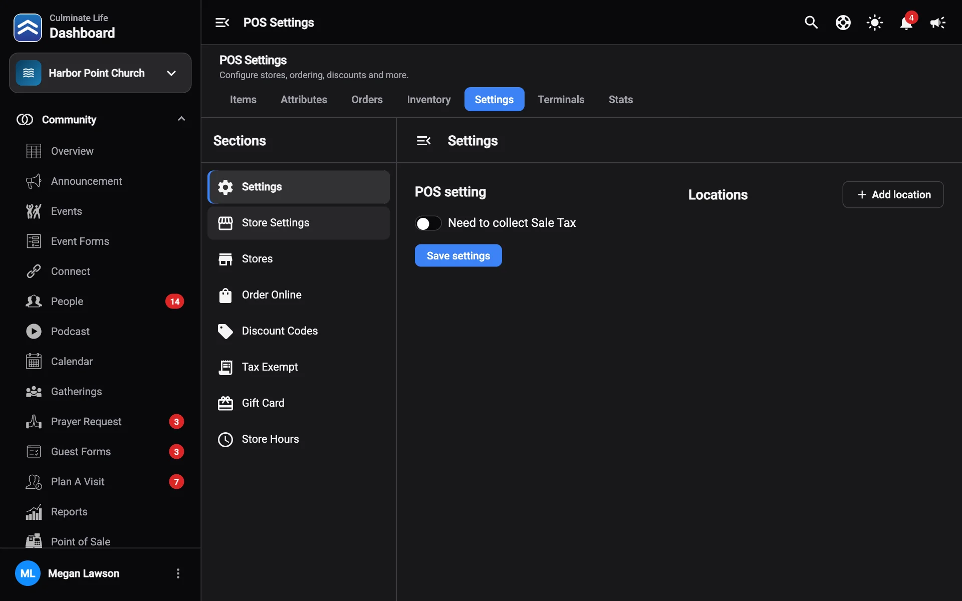 Point of sale settings with sections on the left