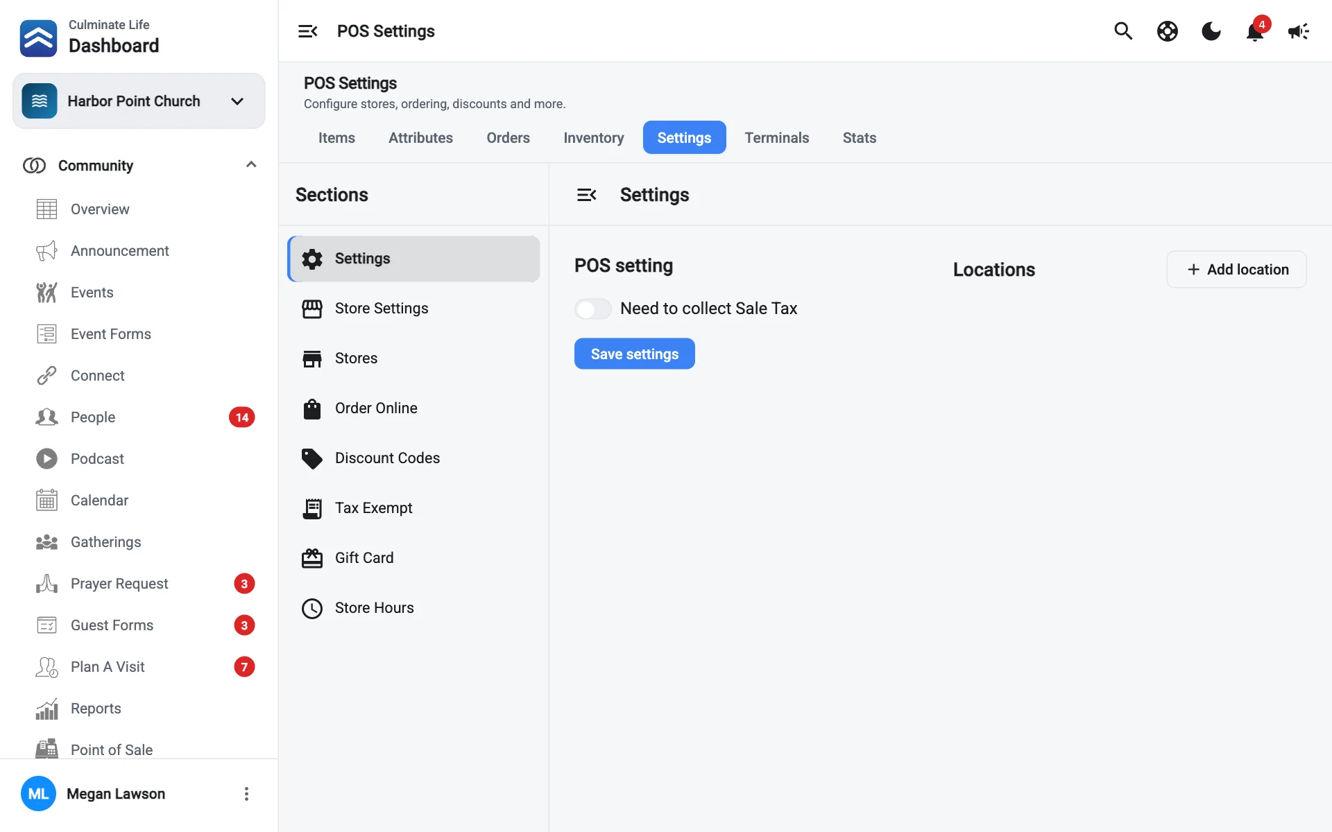 Point of sale settings with sections on the left