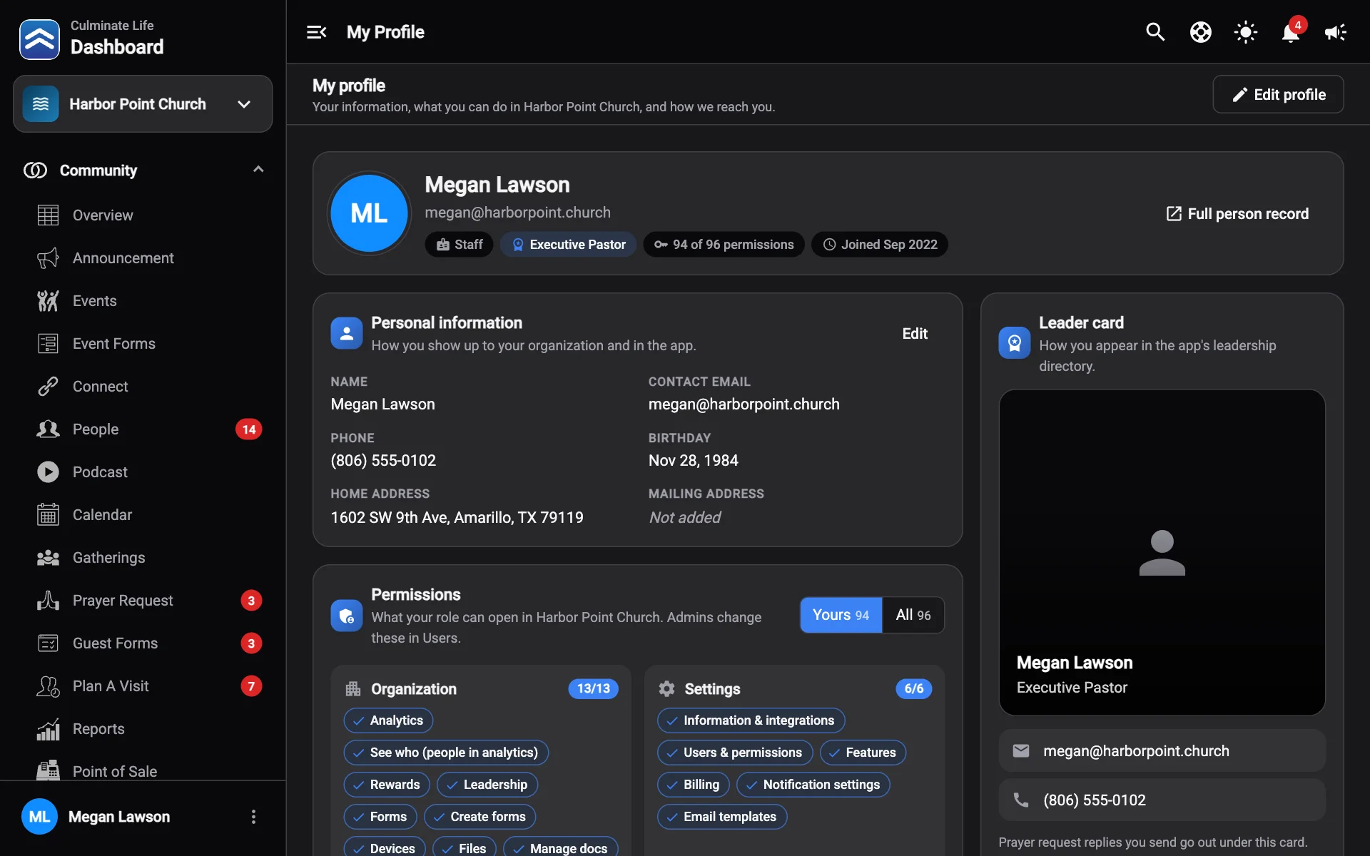 The My profile page with personal information and permissions
