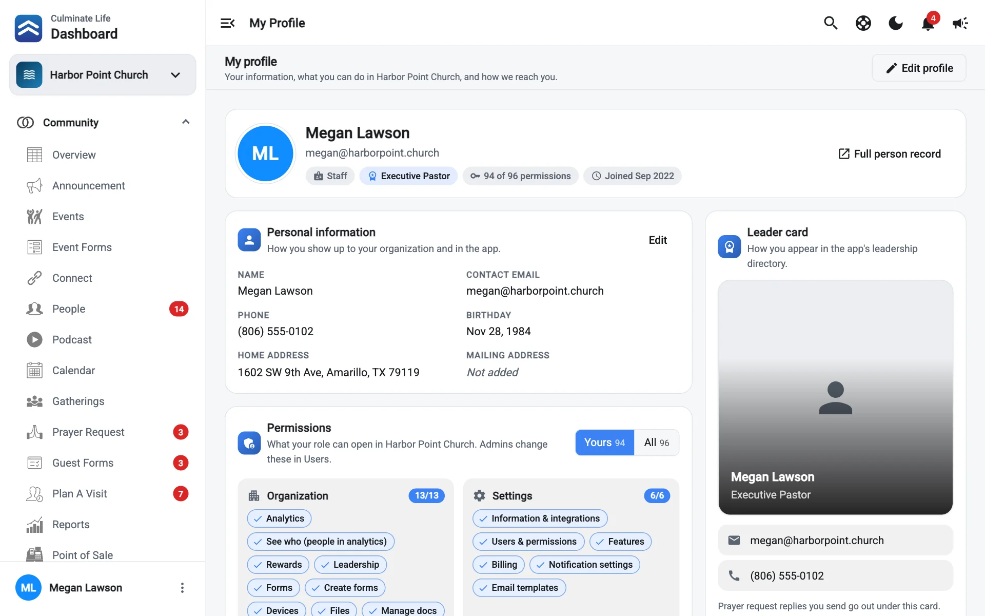 The My profile page with personal information and permissions
