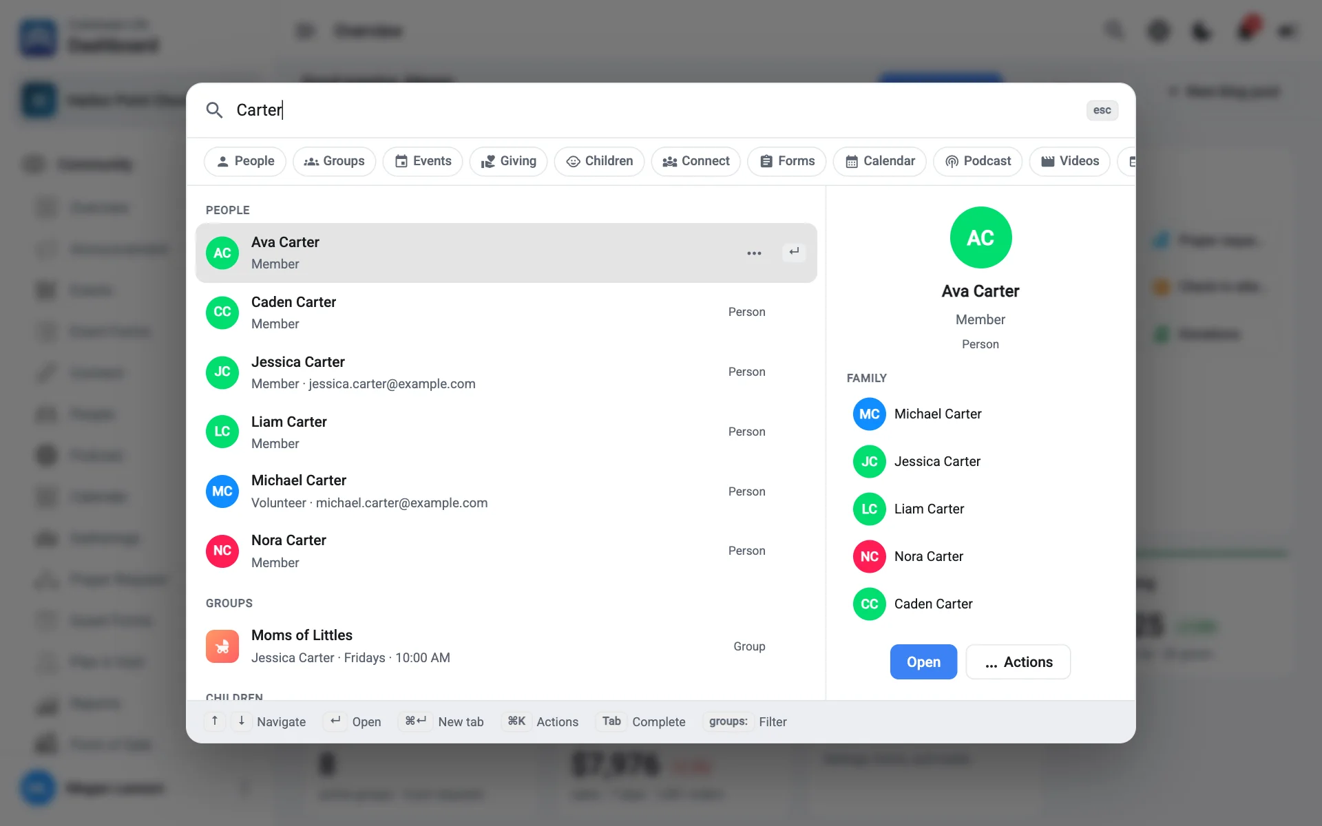 Universal search open with results for a family name