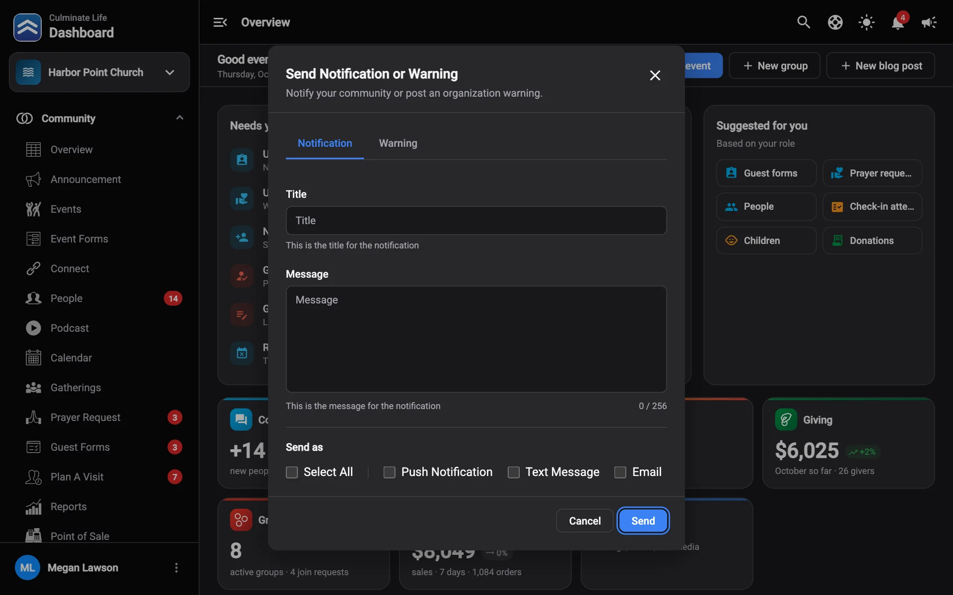The Send Notification or Warning dialog