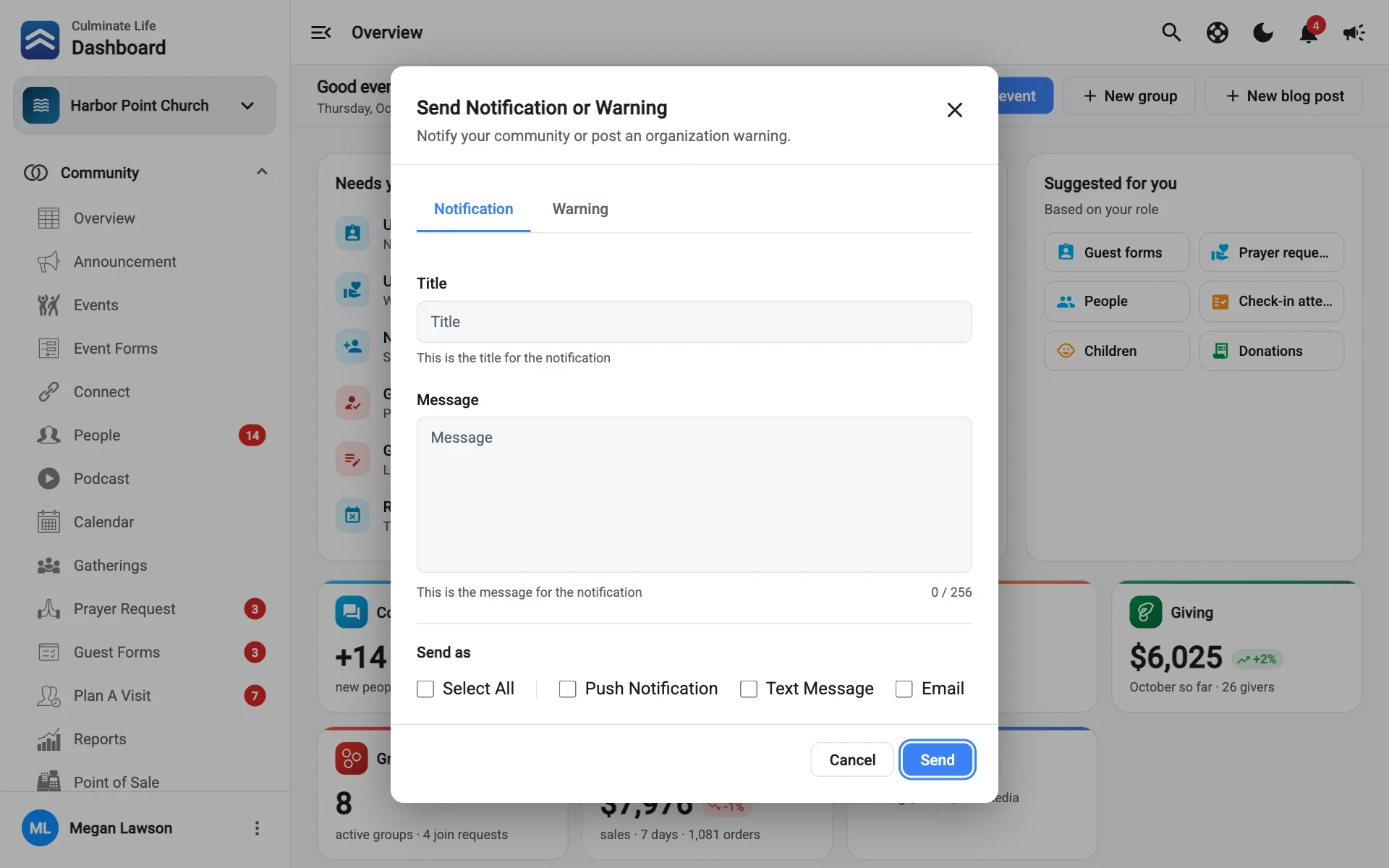 The Send Notification or Warning dialog