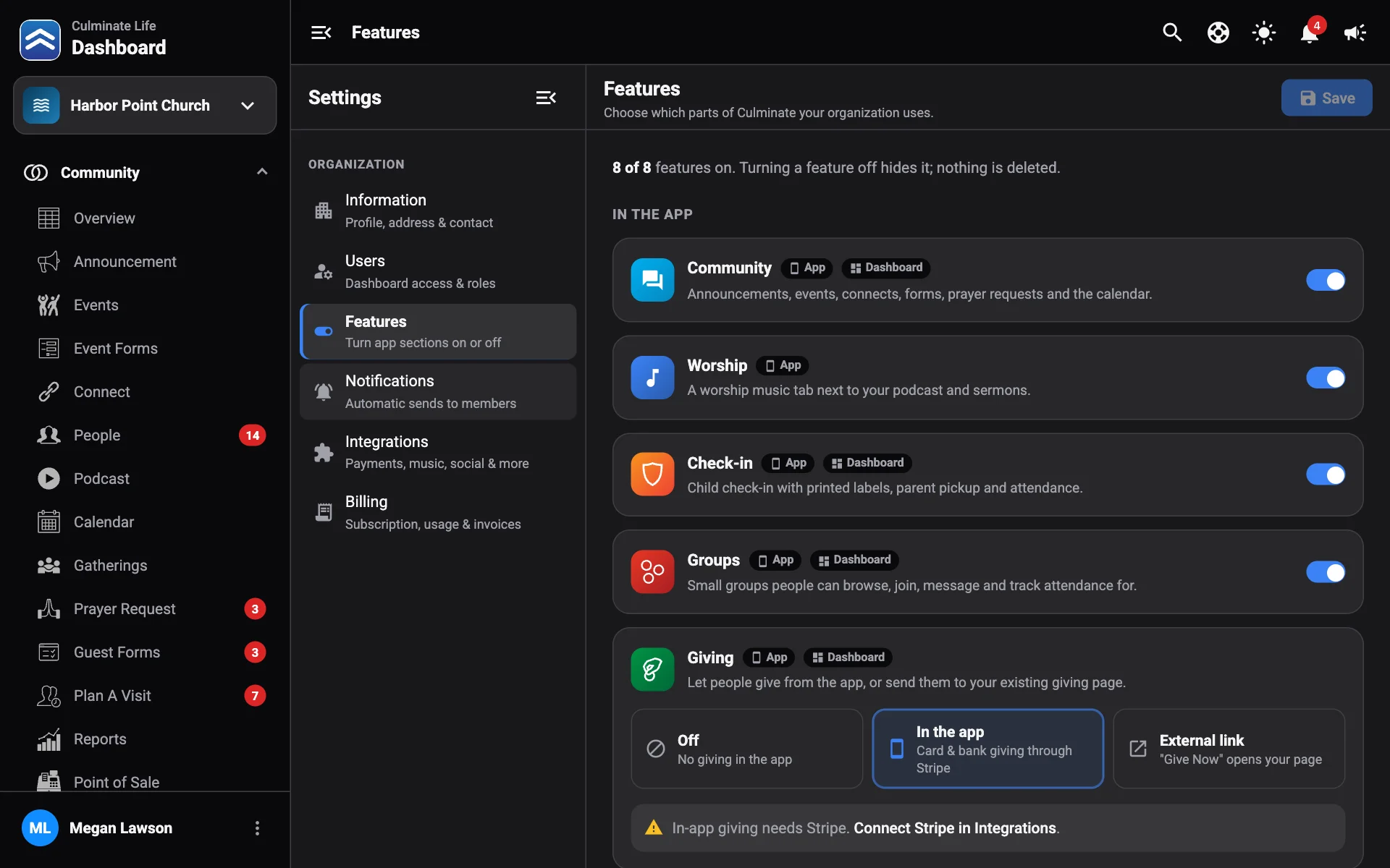 Features with switches for each part of the app