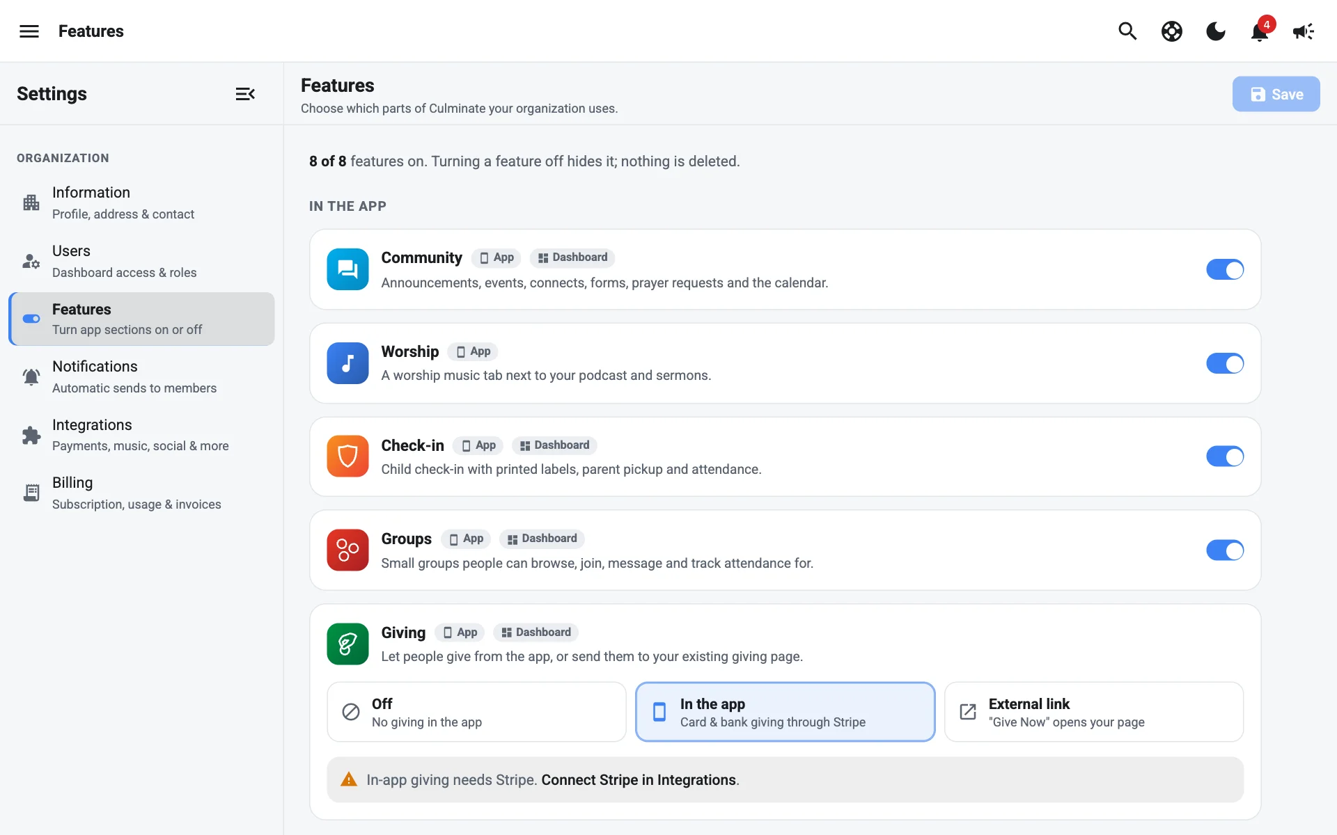 Features with switches for each part of the app