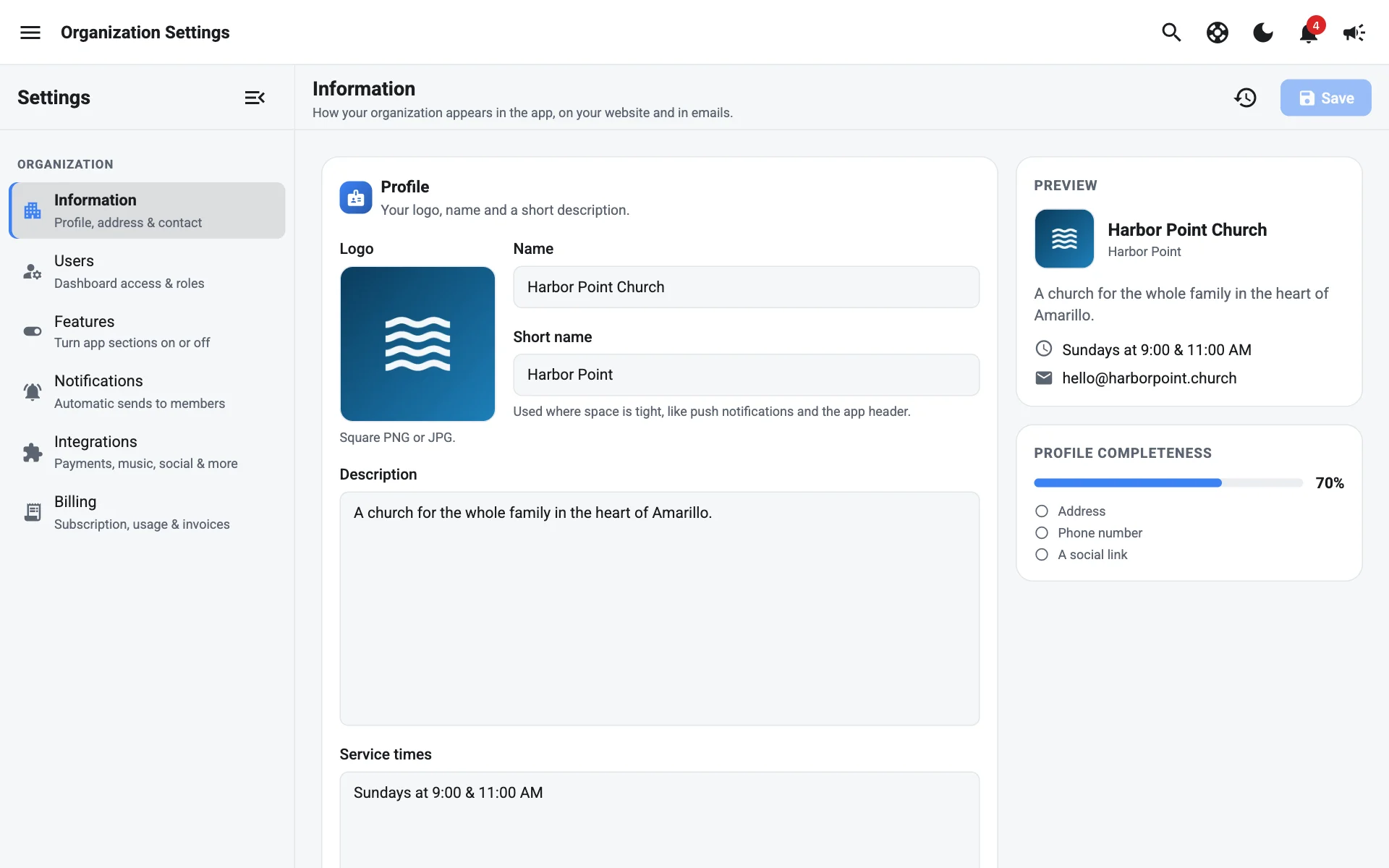 Organization information settings