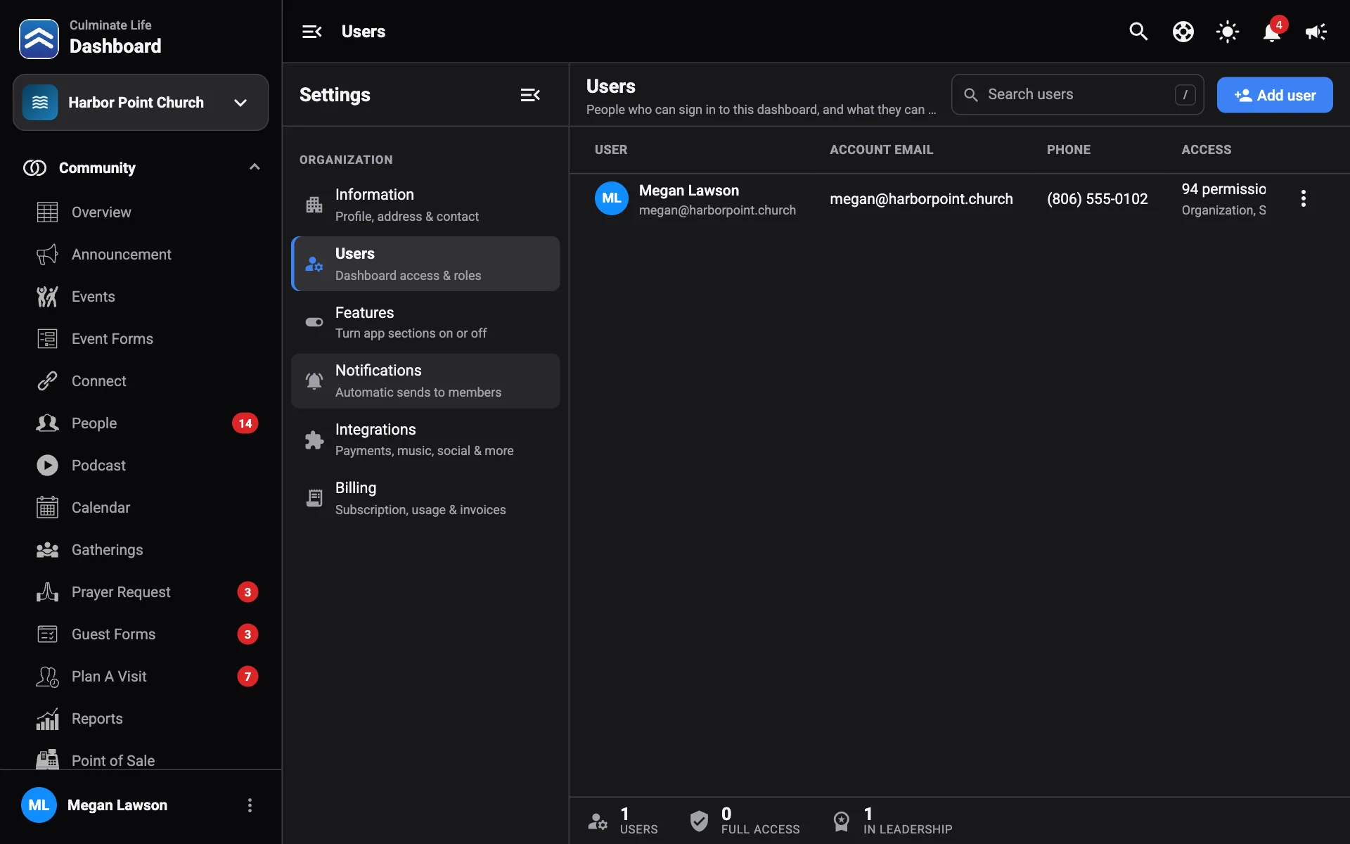 The Users list with access levels