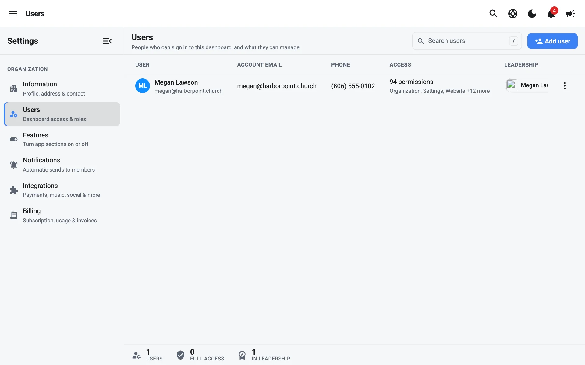 The Users list with access levels