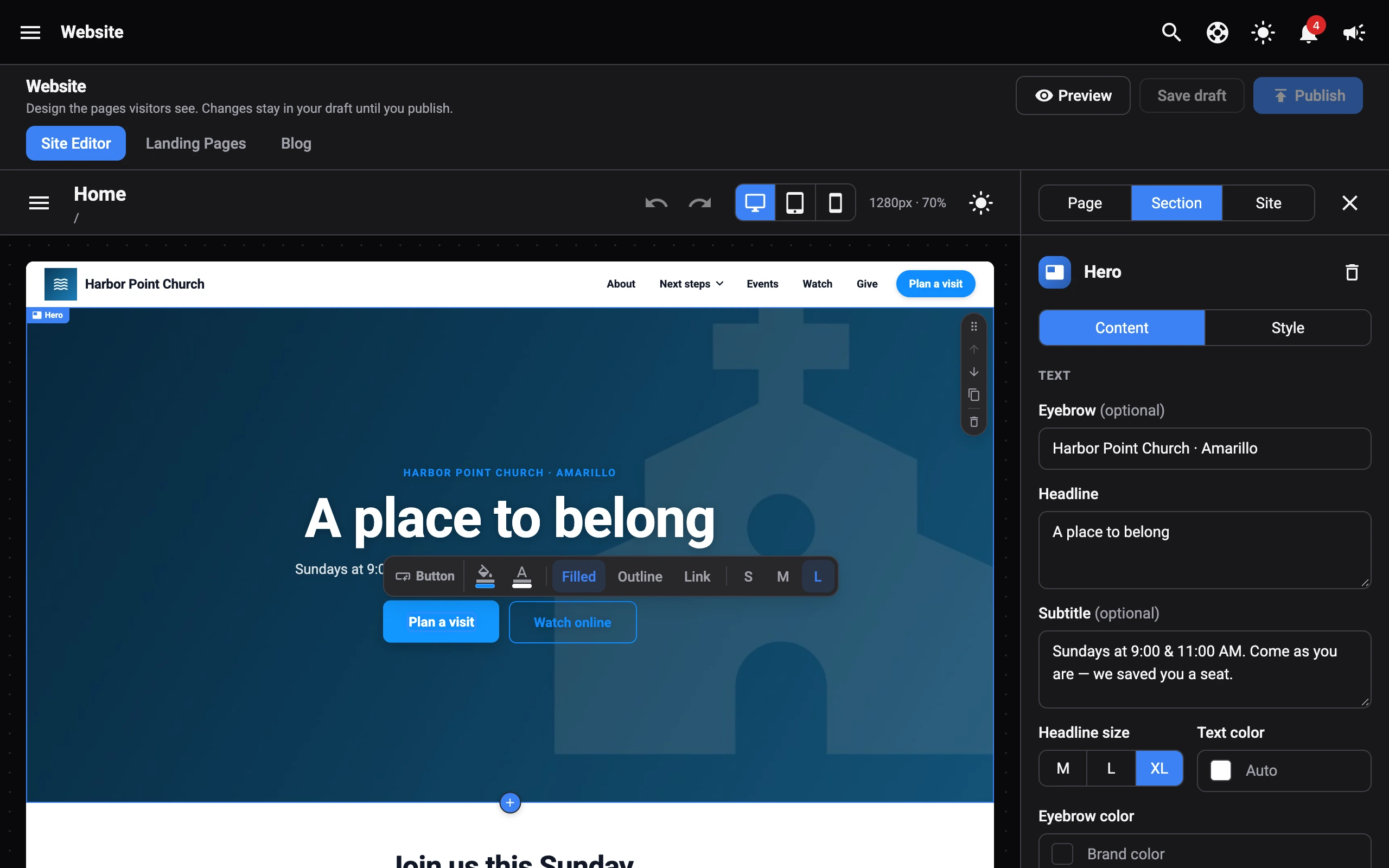 The quick-style bar in Button mode above the Hero’s Plan a visit button