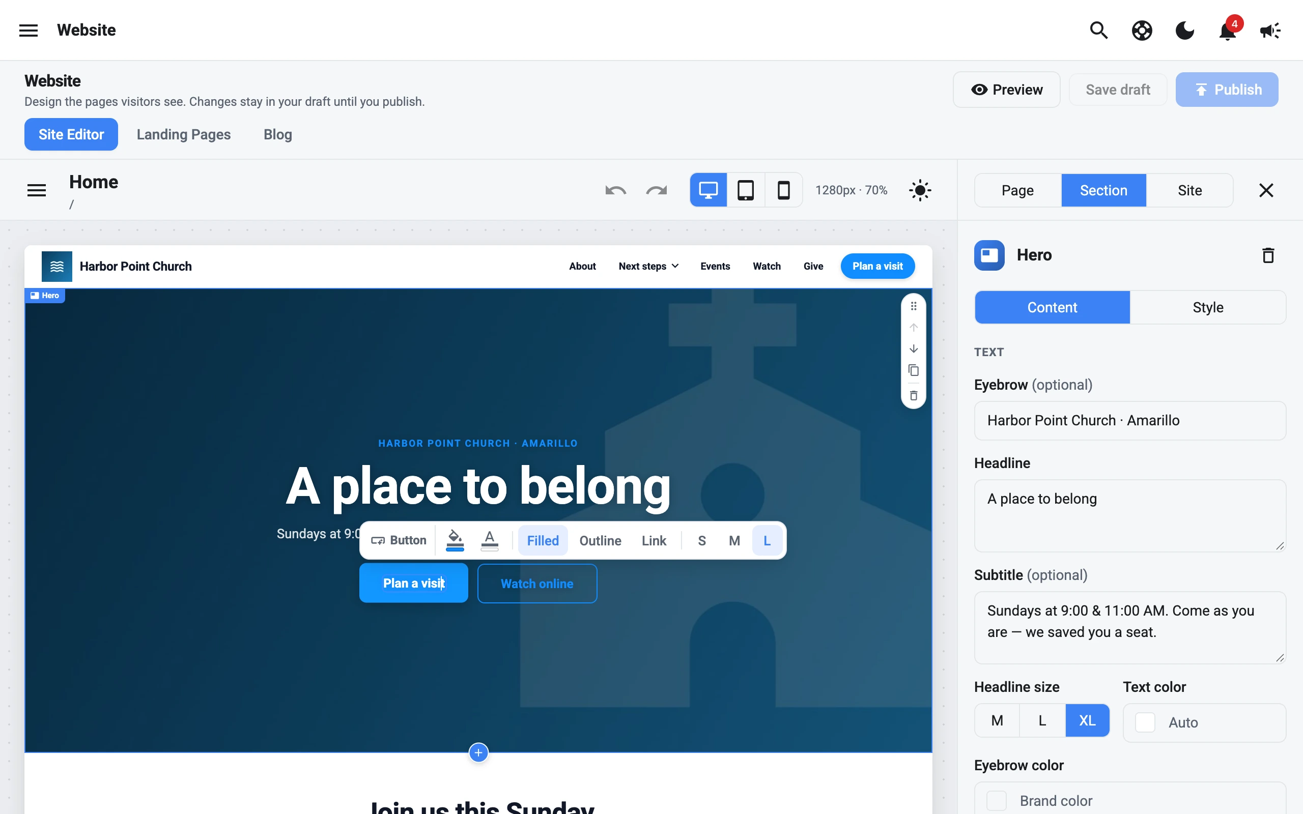 The quick-style bar in Button mode above the Hero’s Plan a visit button