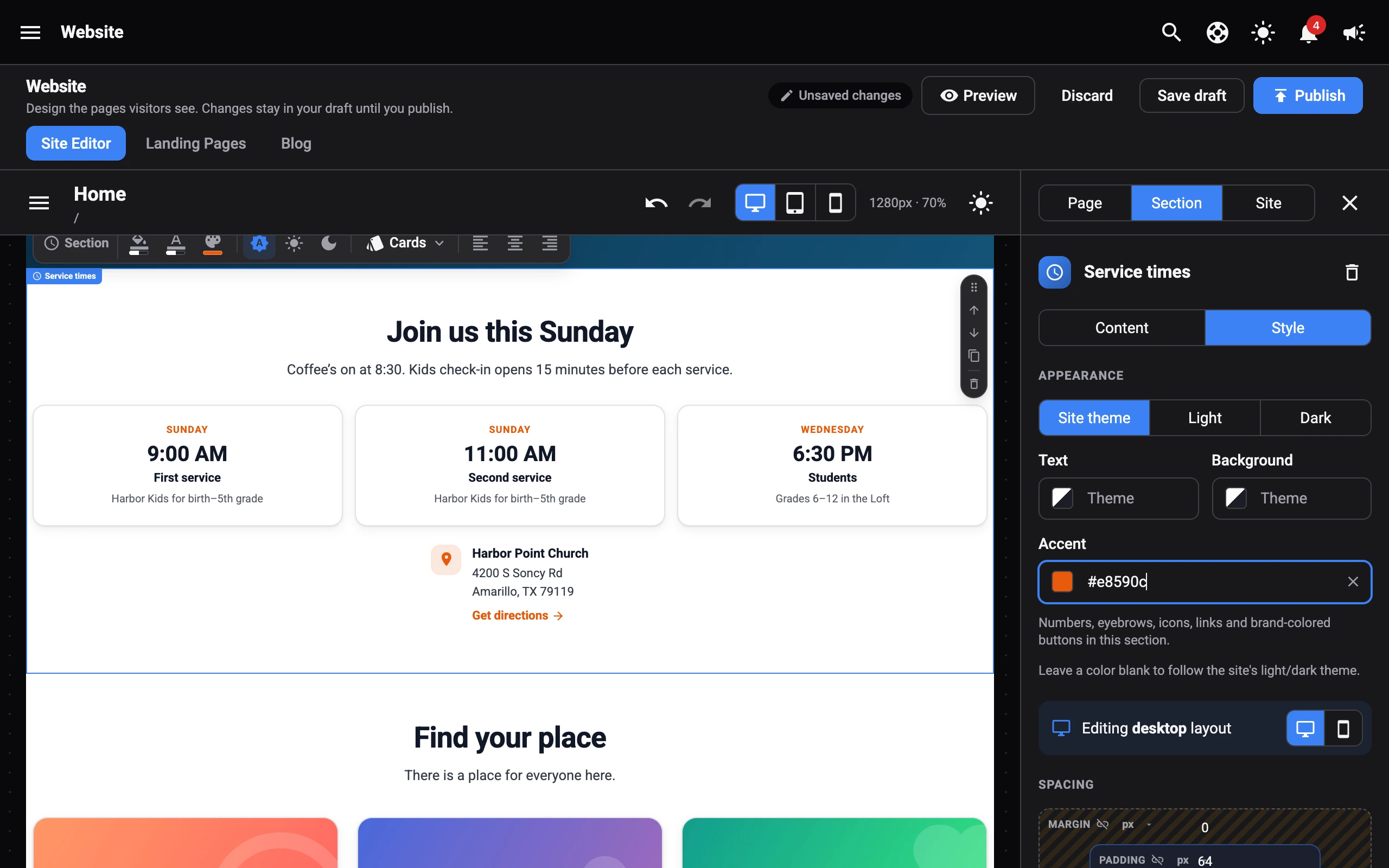 The Style tab of a Service times section with an orange accent colour