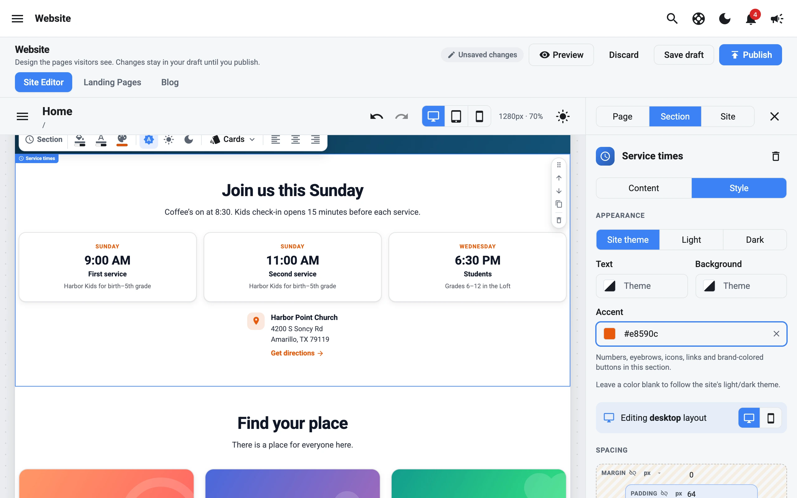 The Style tab of a Service times section with an orange accent colour
