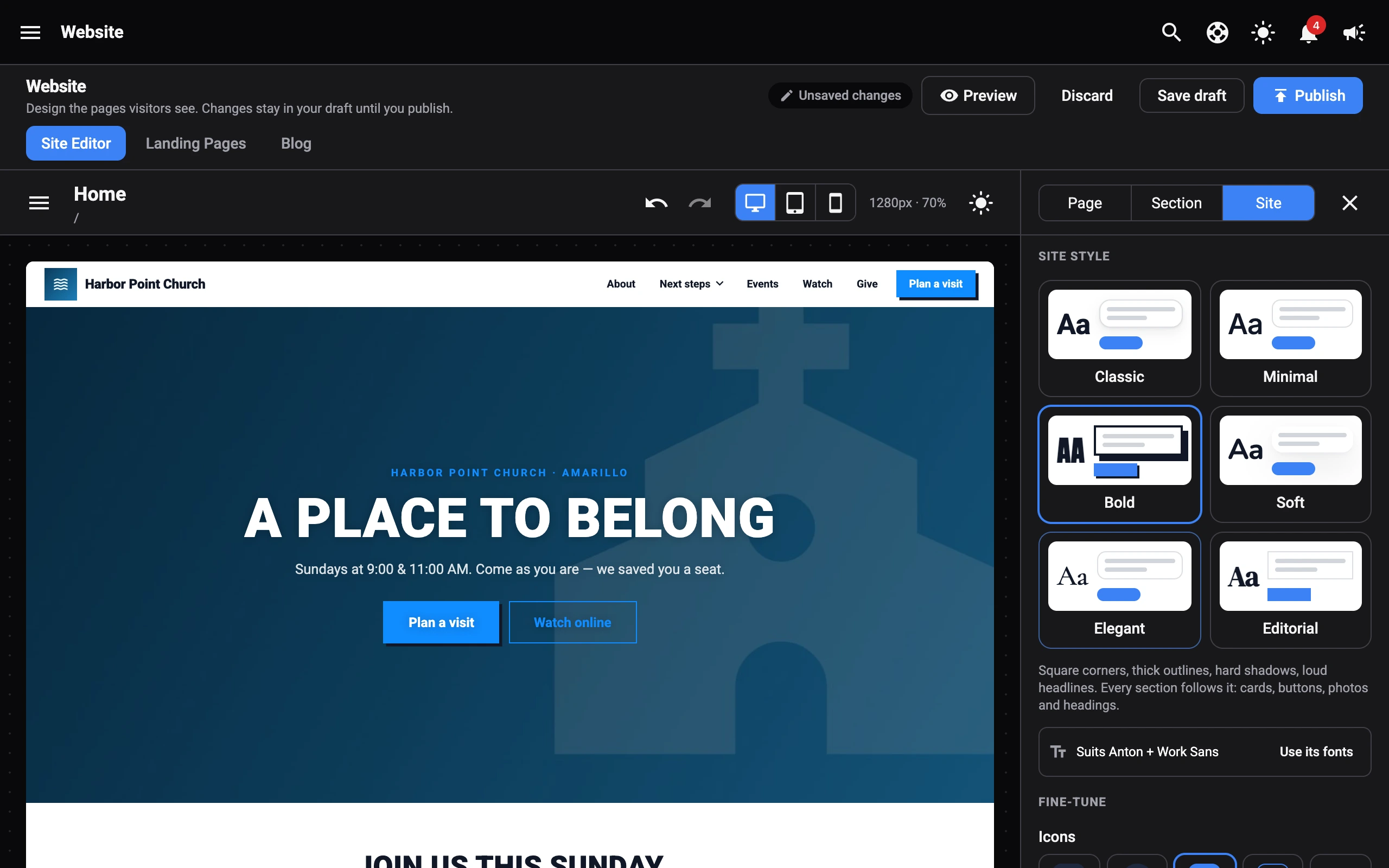 The Site style picker with Bold selected and the site restyled with square corners and uppercase headings