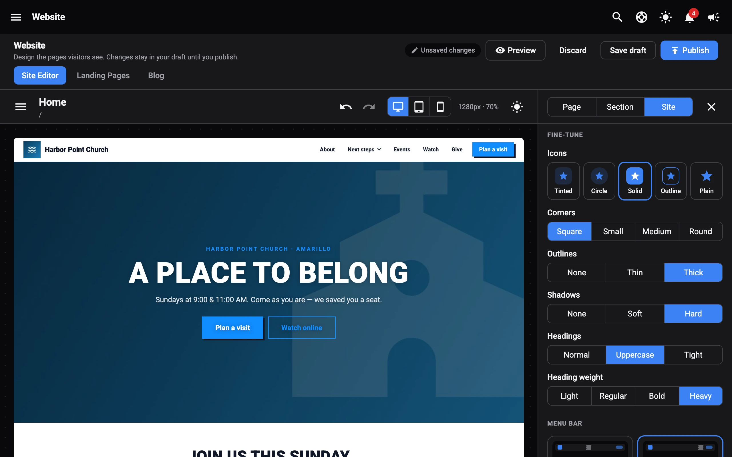 Fine-tune settings for icons, corners, outlines, shadows, headings, and heading weight