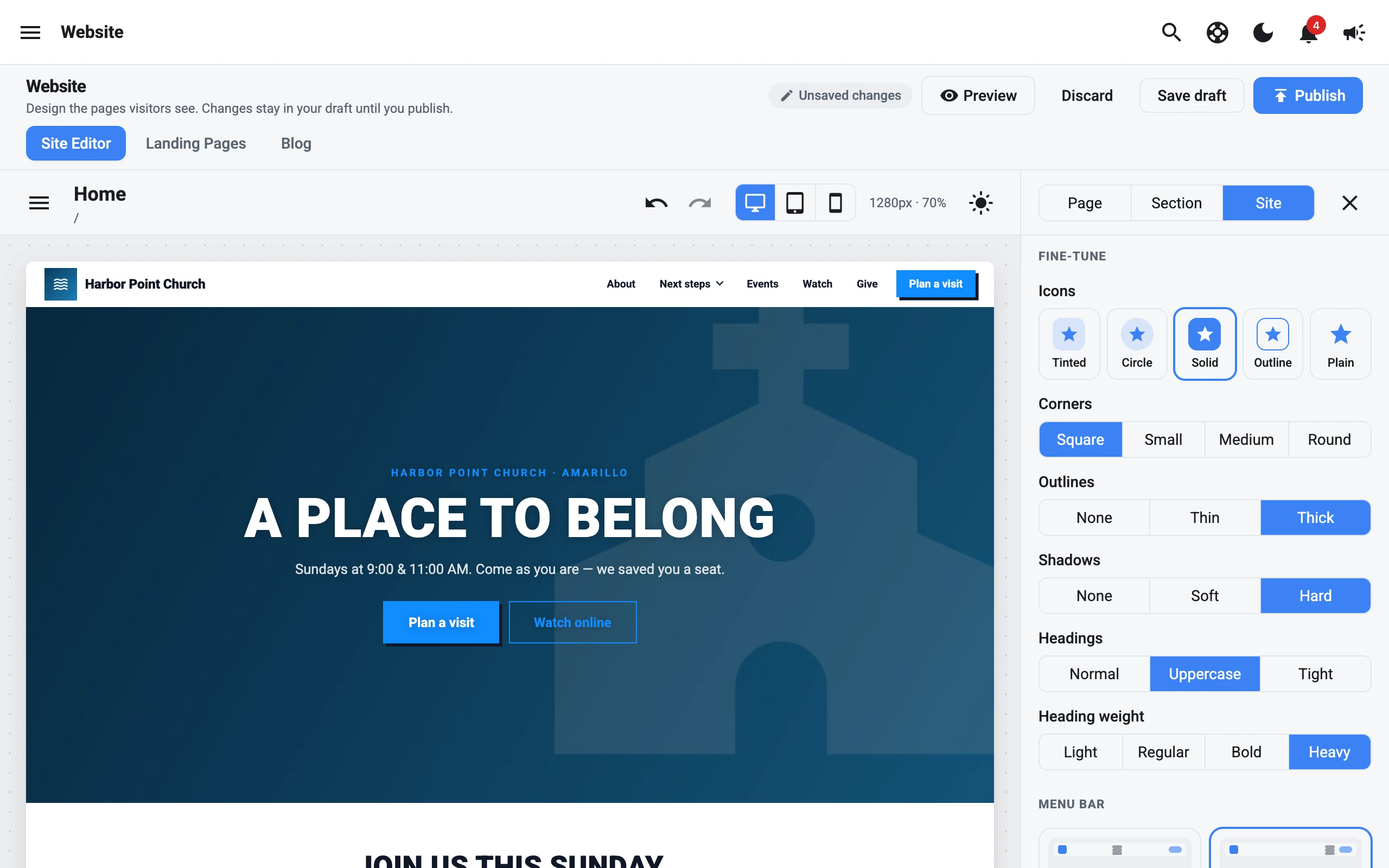 Fine-tune settings for icons, corners, outlines, shadows, headings, and heading weight