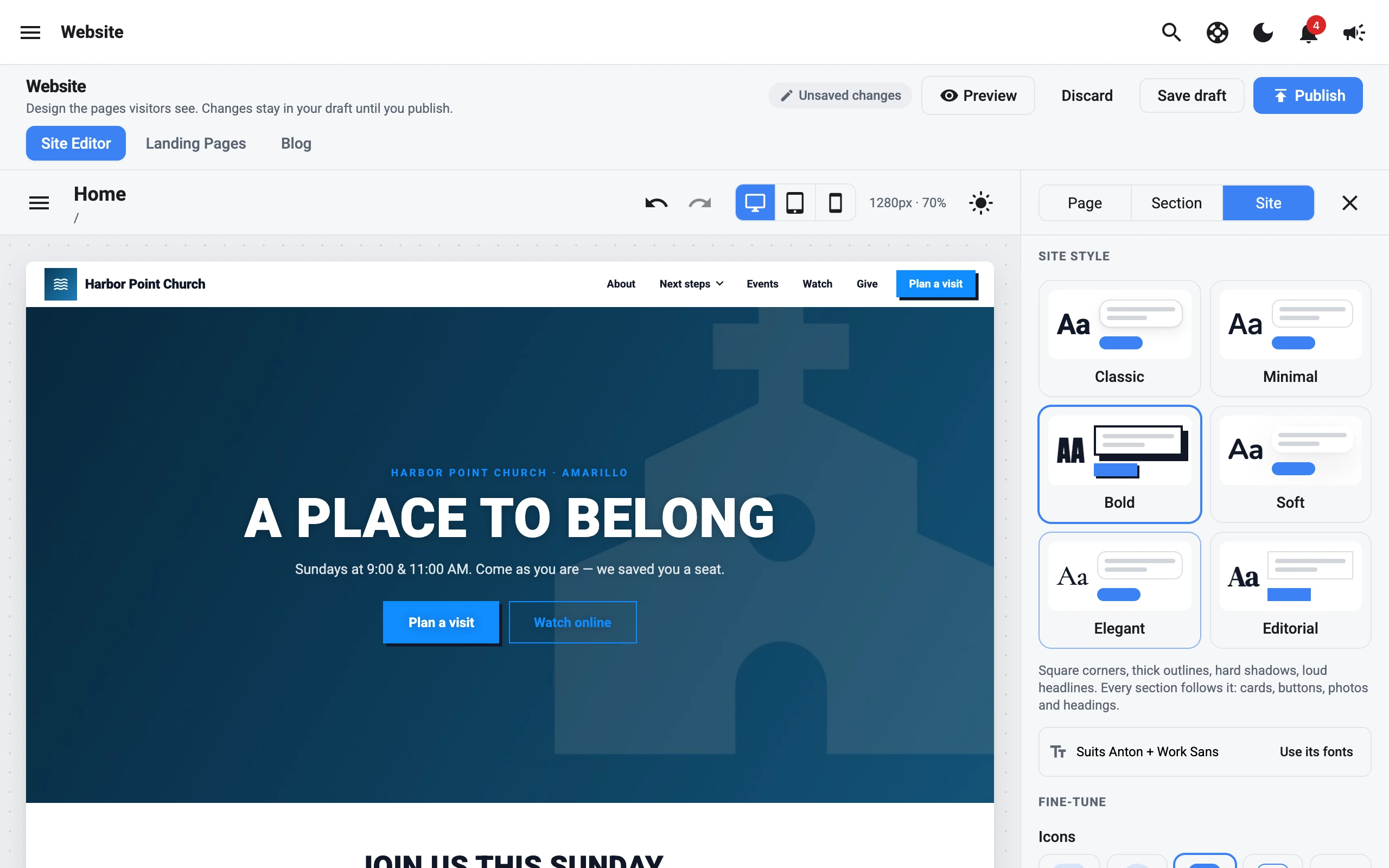 The Site style picker with Bold selected and the site restyled with square corners and uppercase headings