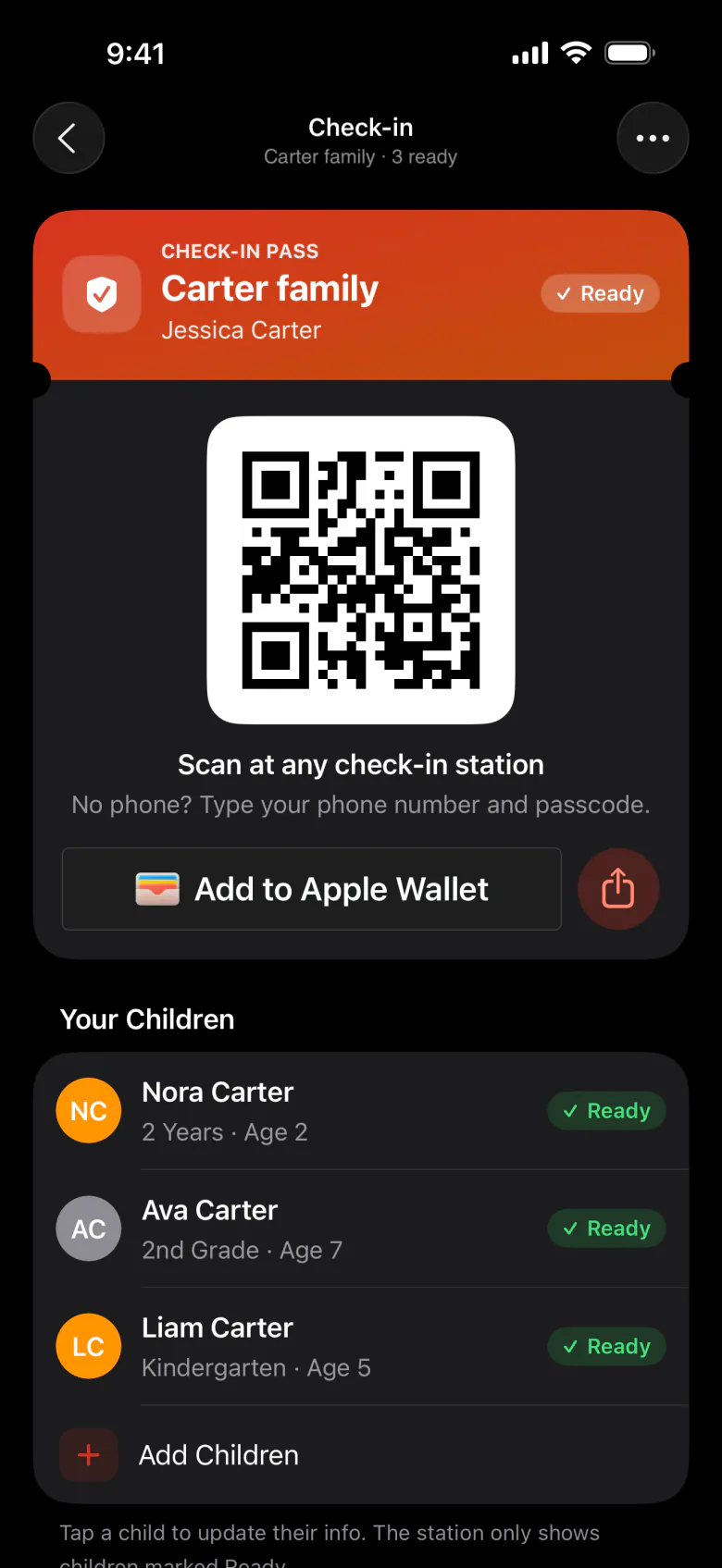 The check-in pass, a pick-up pass, and a child’s check-in details