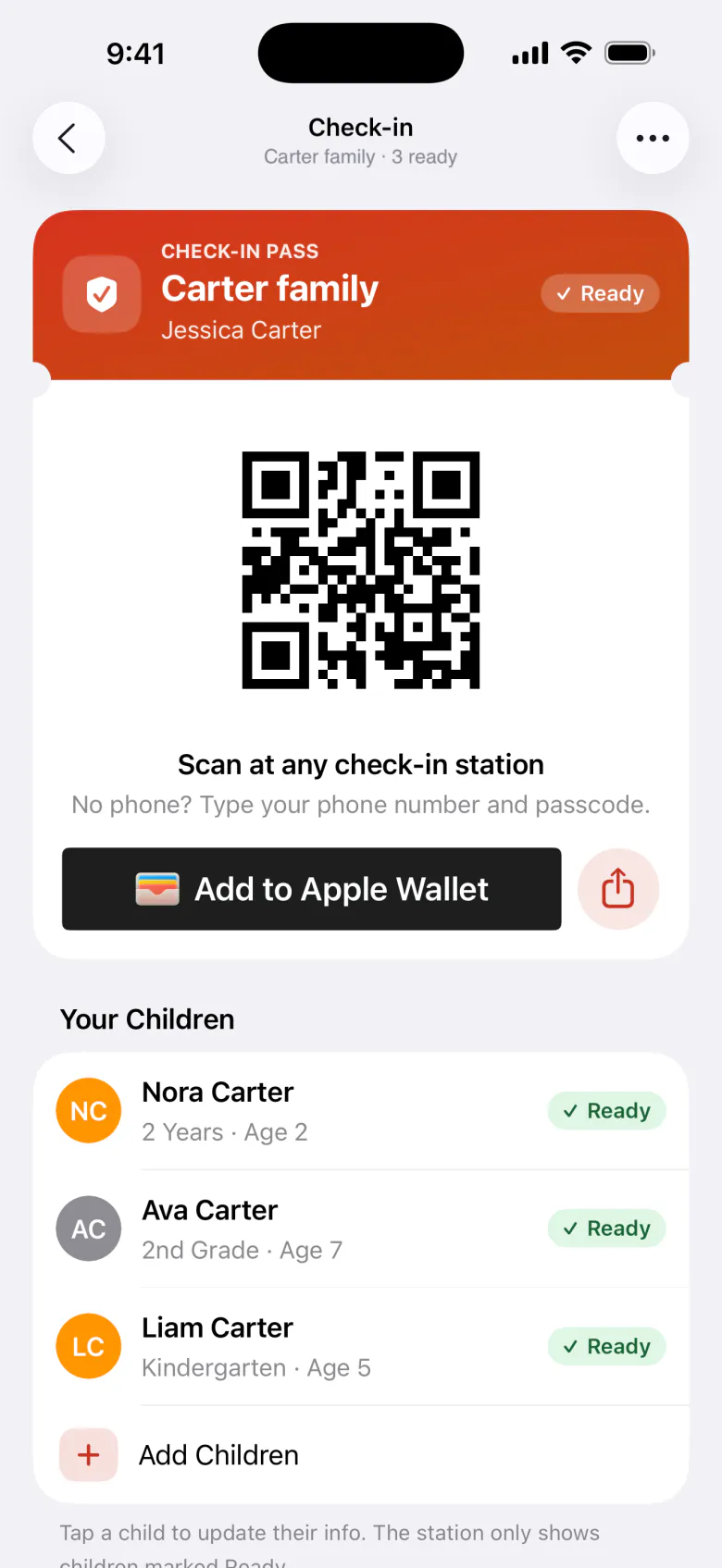 The check-in pass, a pick-up pass, and a child’s check-in details
