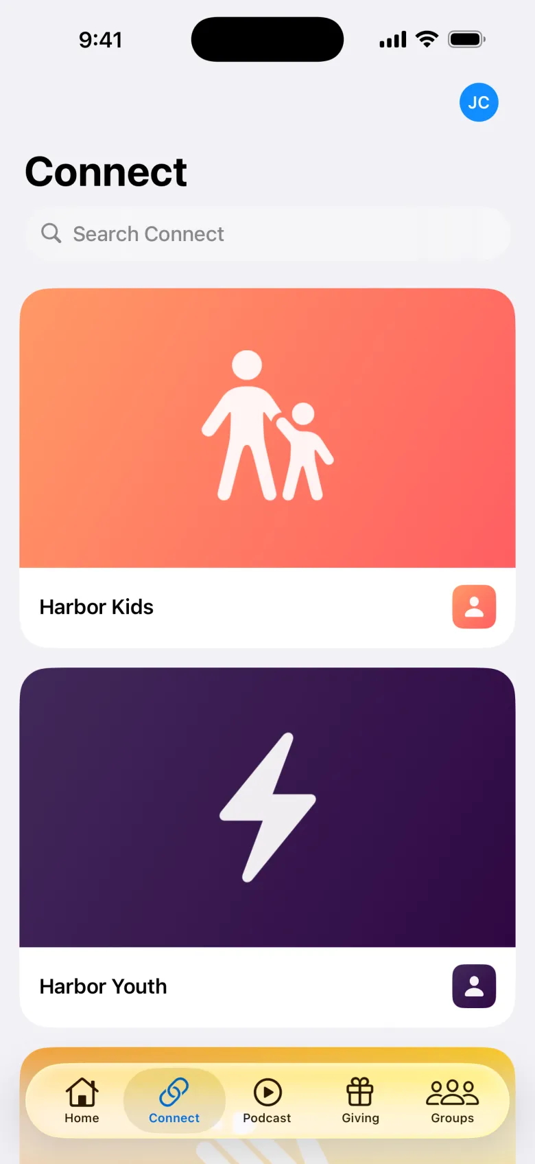 The Connect tab with ministries