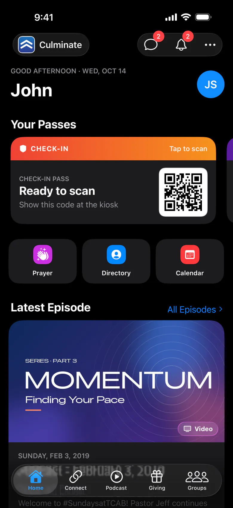 The Culminate Life app’s home screen, podcast, and giving