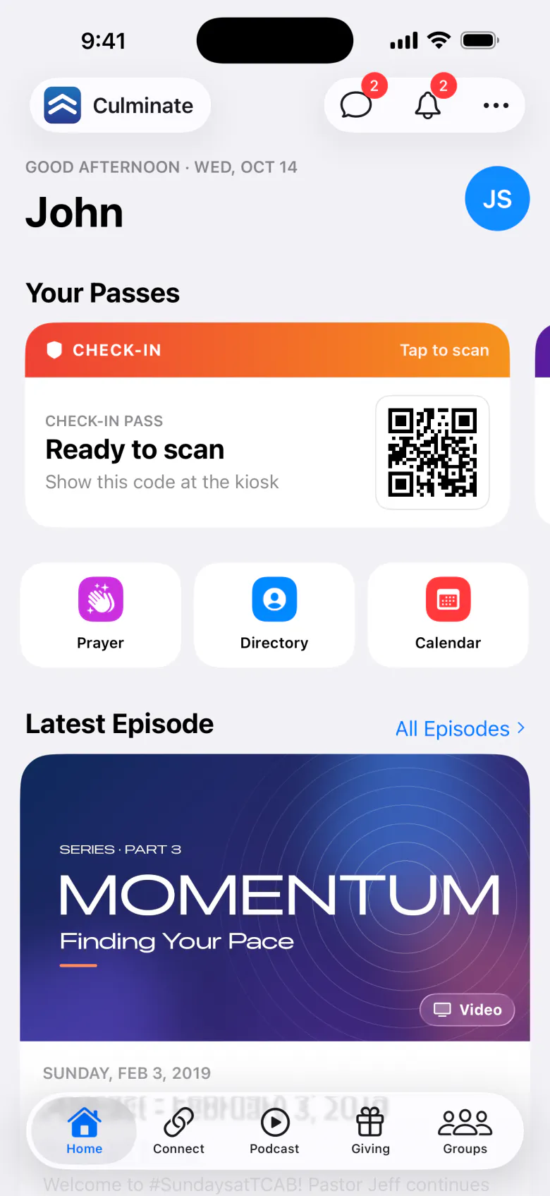 The Culminate Life app’s home screen, podcast, and giving