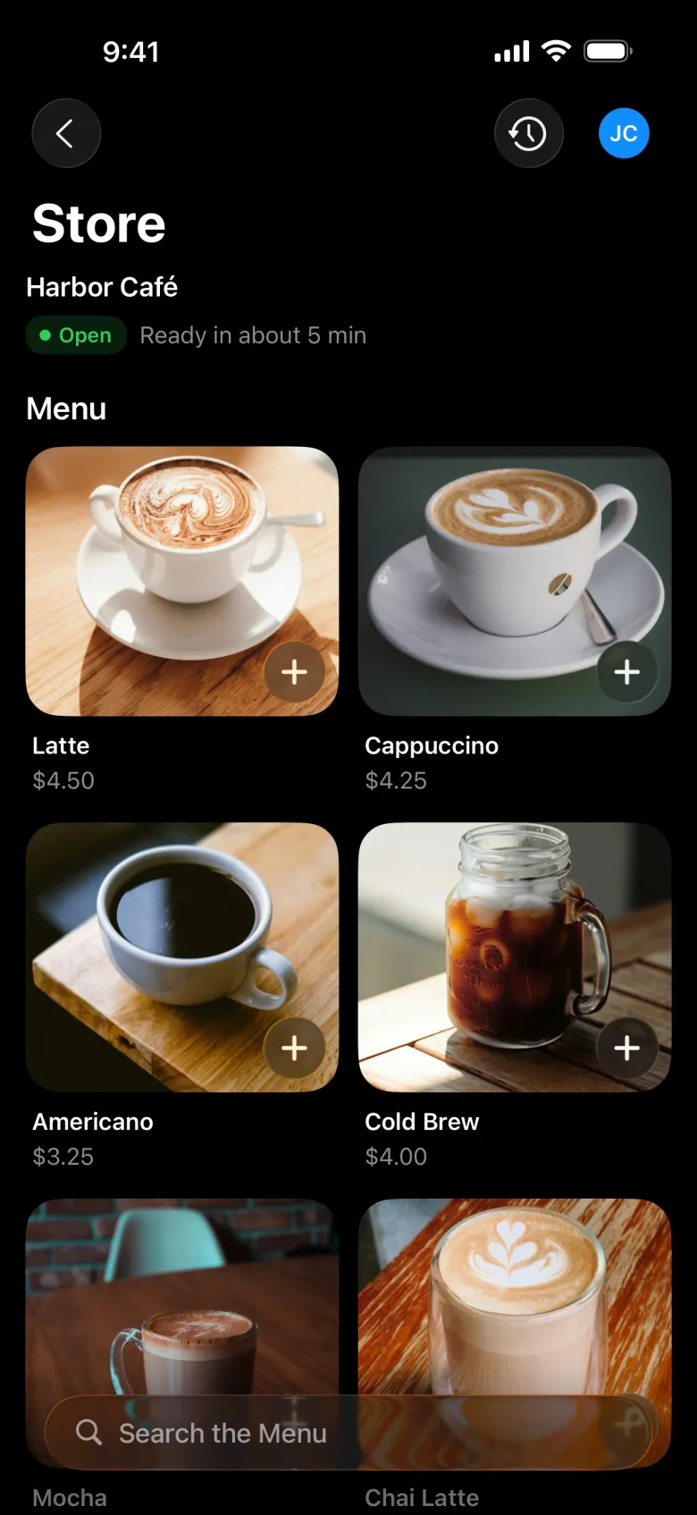 The Store tab with a café menu
