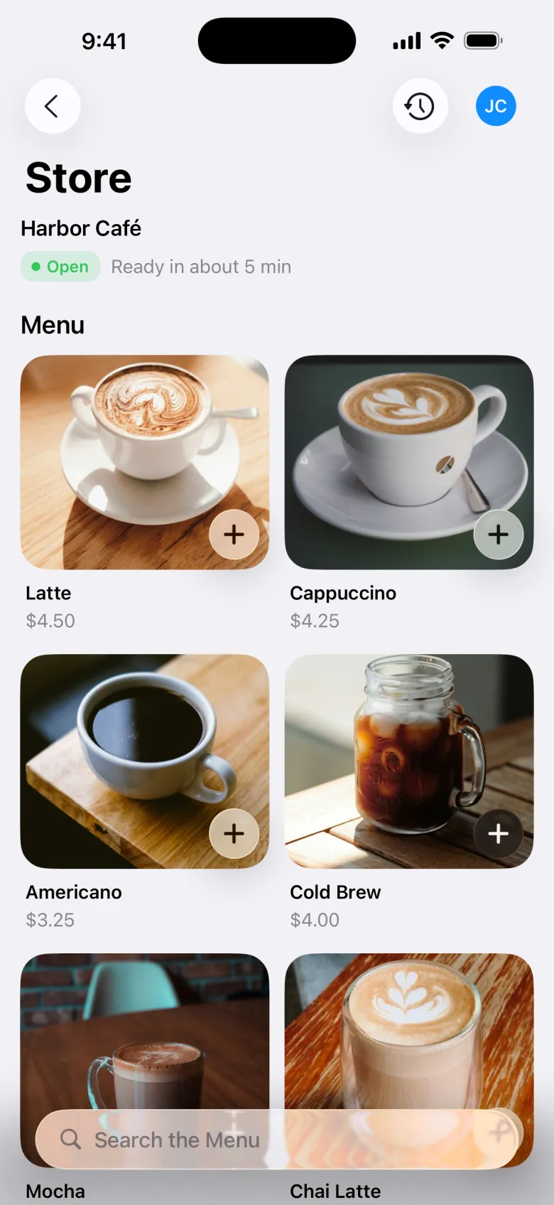 The Store tab with a café menu